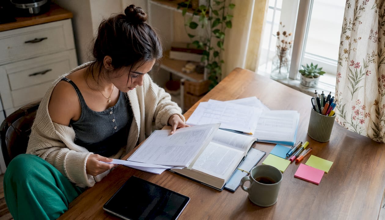 Overseas student studying prep materials at desk