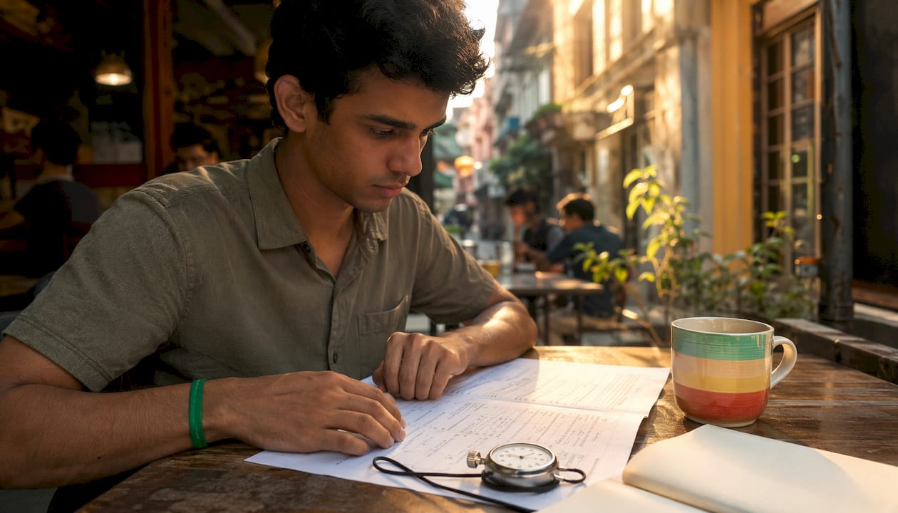 Hands ready with timer and exam materials