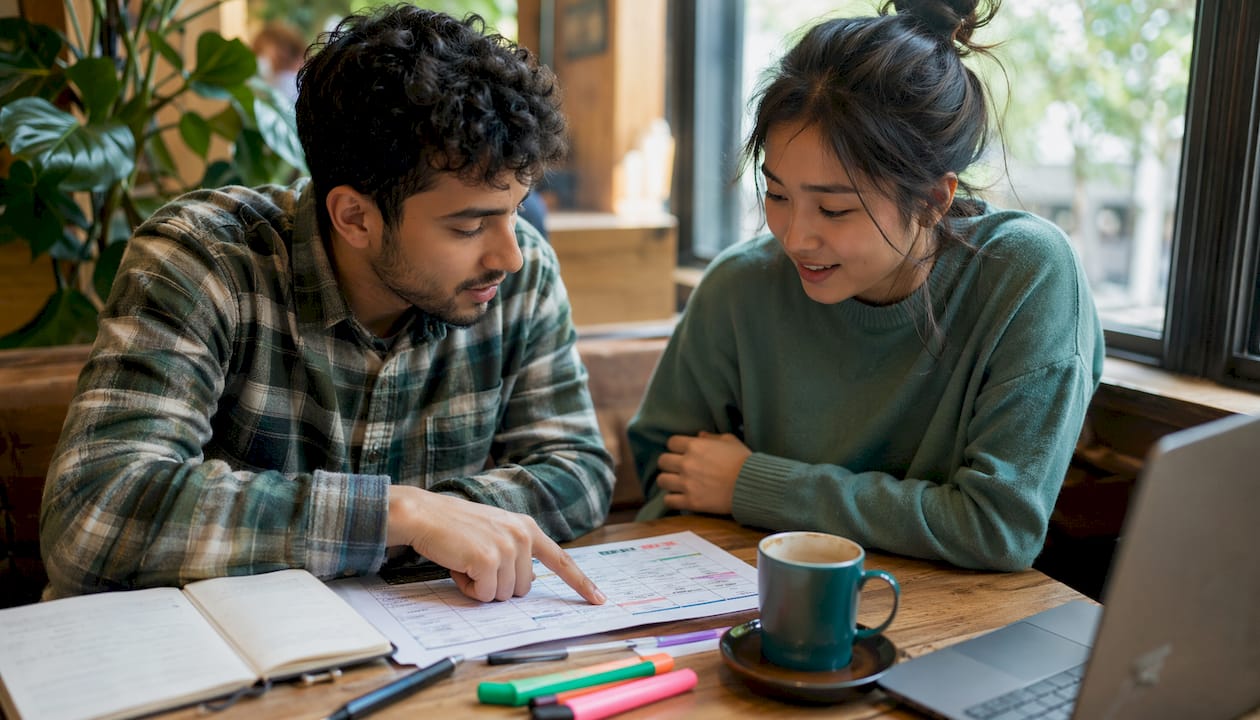 Two students planning study schedule in café