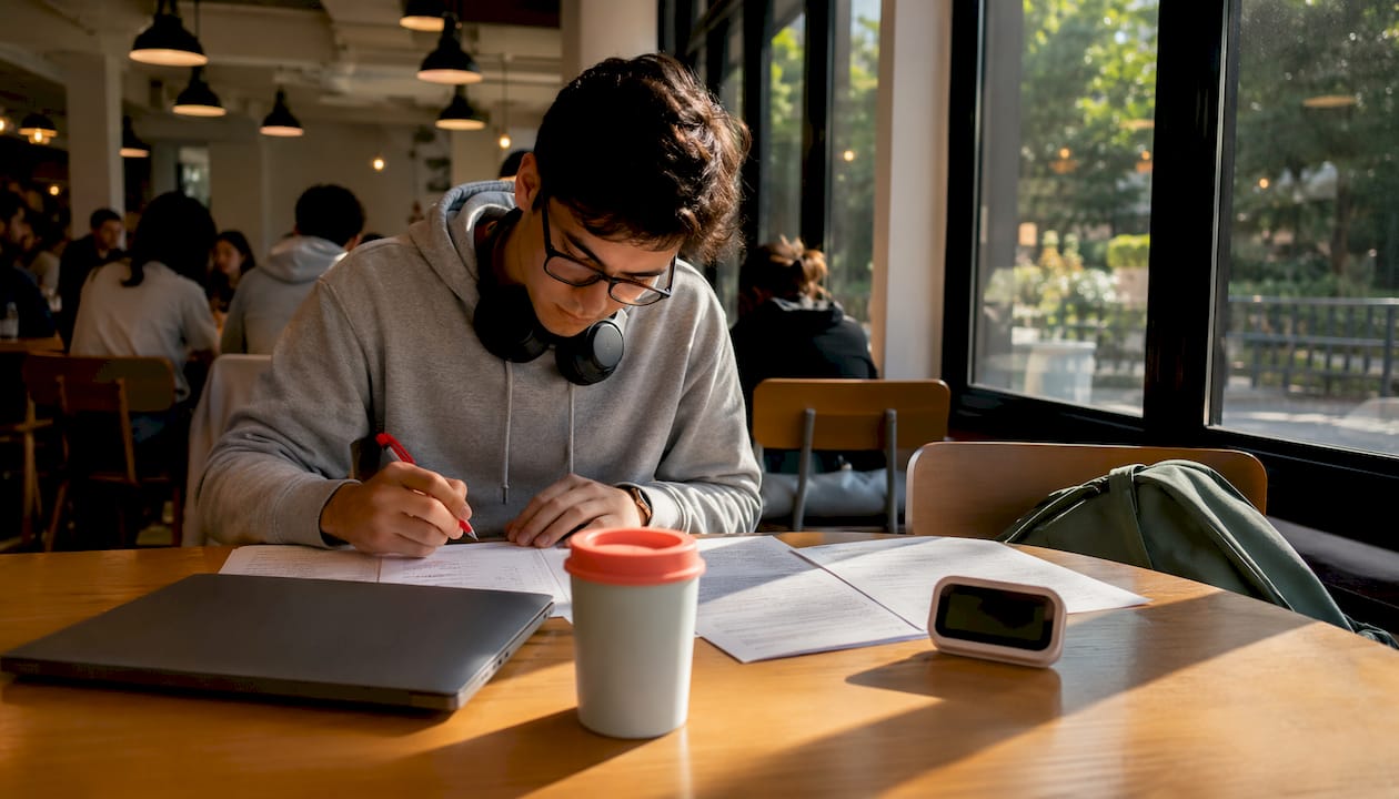 Man studying past exams in library