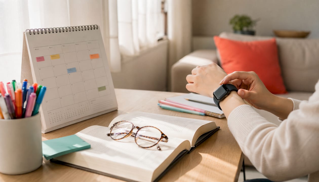 Hands adjusting watch next to study planner