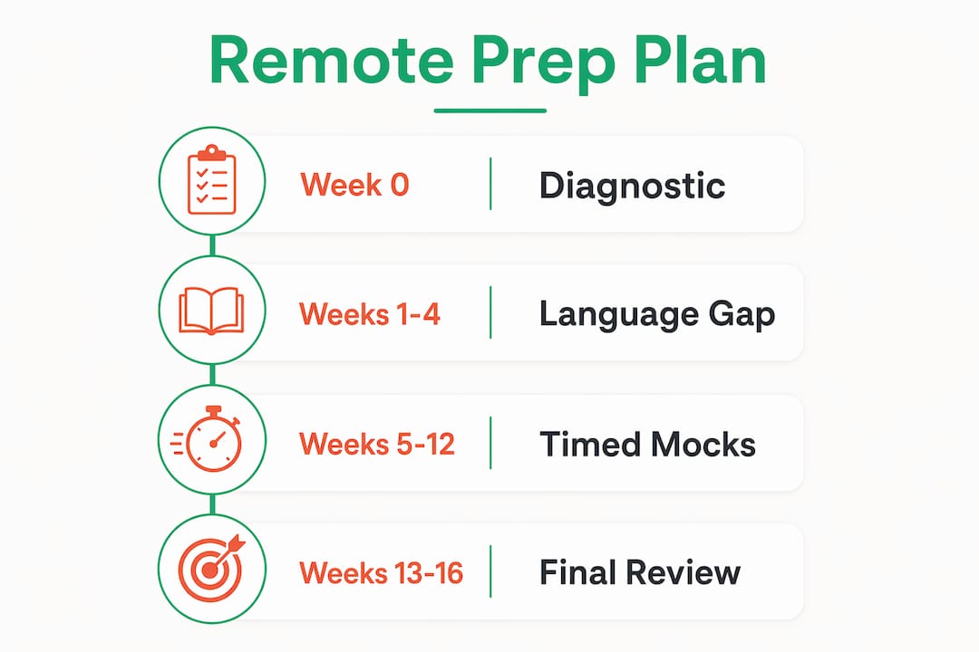 Infographic illustrating a 12-16 week remote study plan