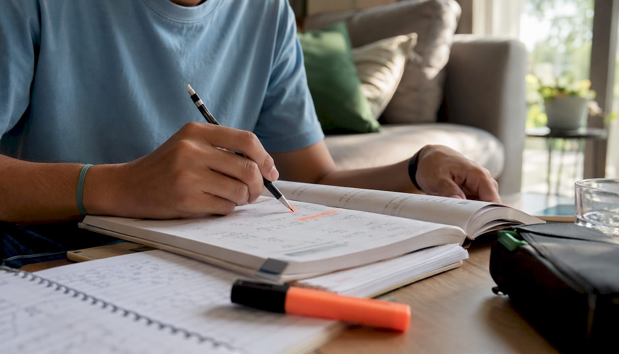 Student's hands solving high school math problems