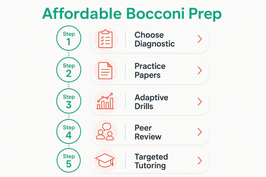 Infographic showing affordable Bocconi test prep steps