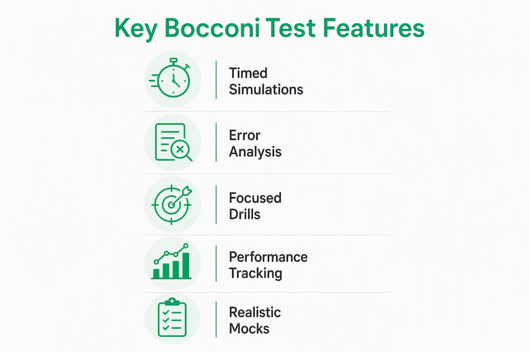 Infographic illustrating key features improving Bocconi test scores
