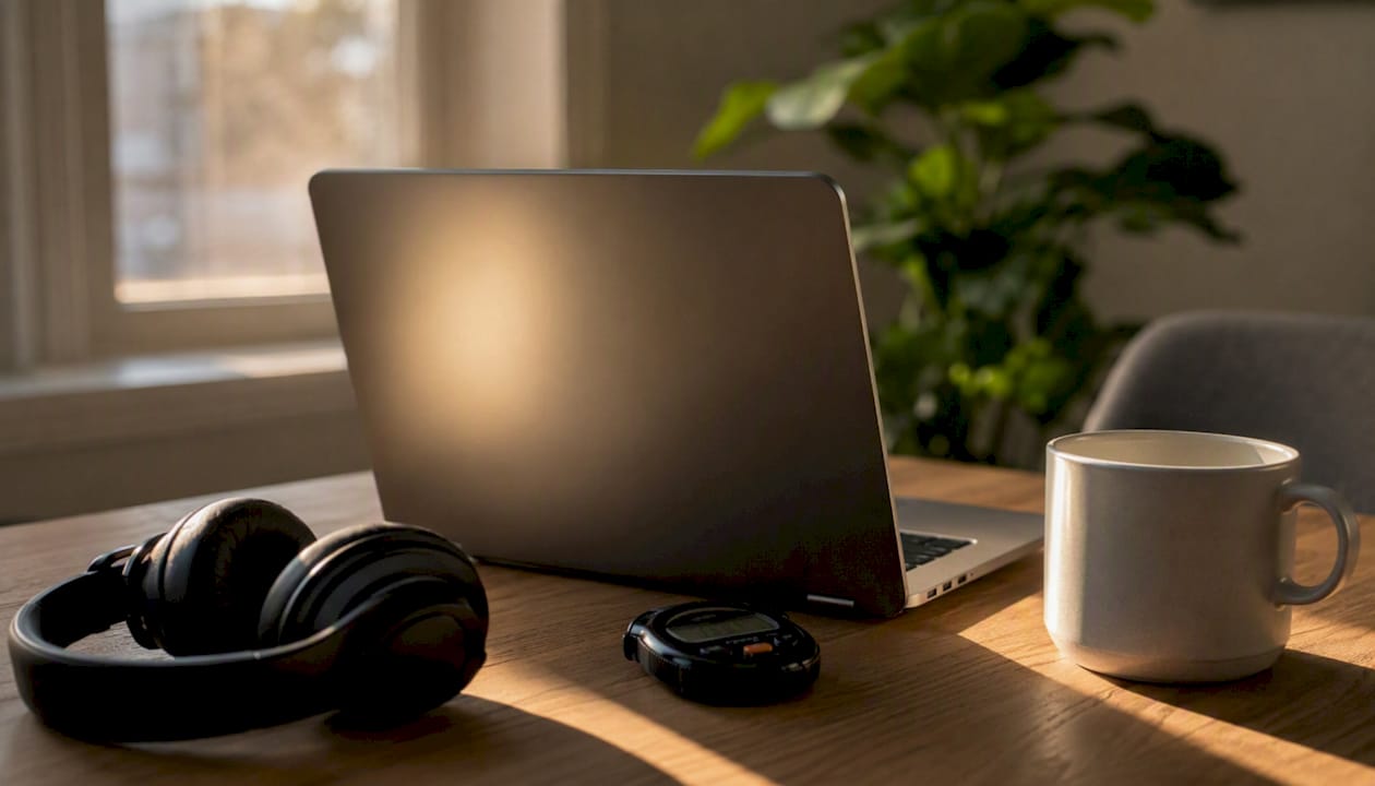 Quiet home testing setup with laptop and headphones