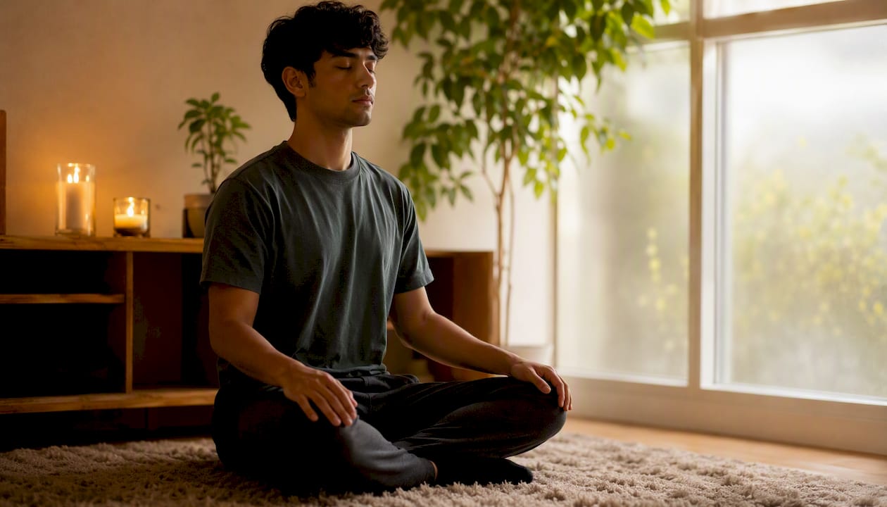 Person practicing calming box breathing exercise