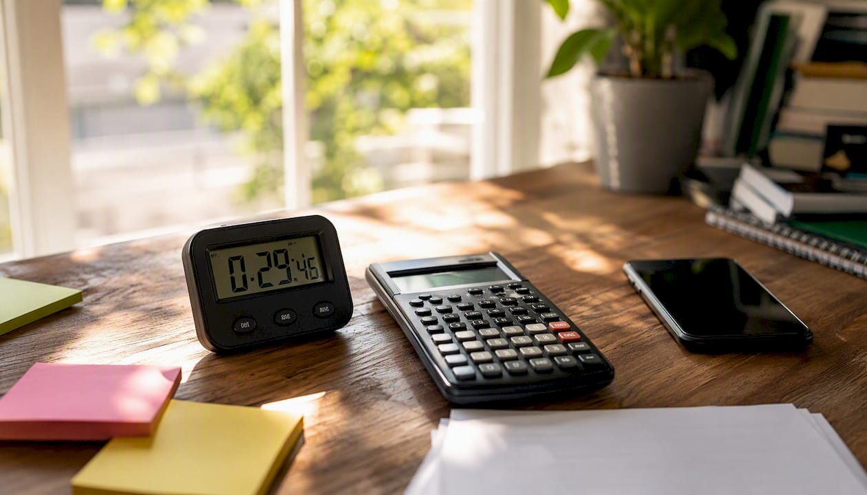 Timer and calculator on a test desk setup