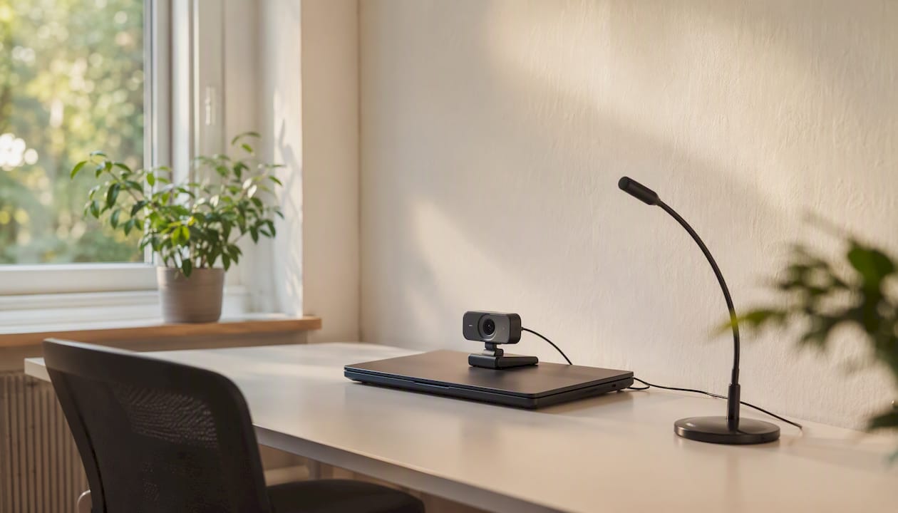 Testing room with webcam and microphone setup
