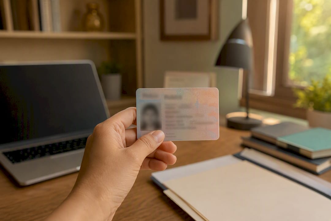 Hand holding ID card under lamp before camera