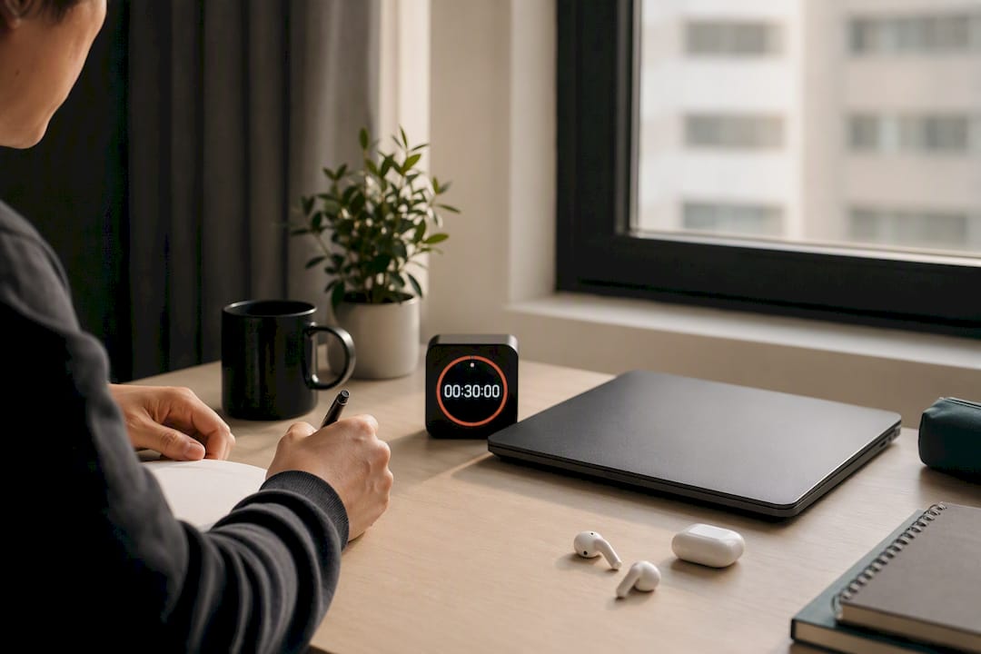 Exam simulator setup with timer and earbuds
