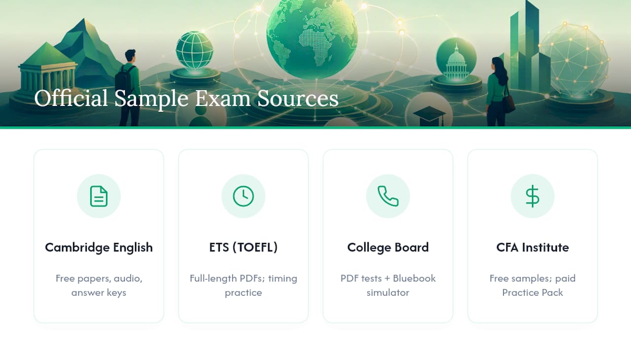 Comparison chart of major official sample exam resources