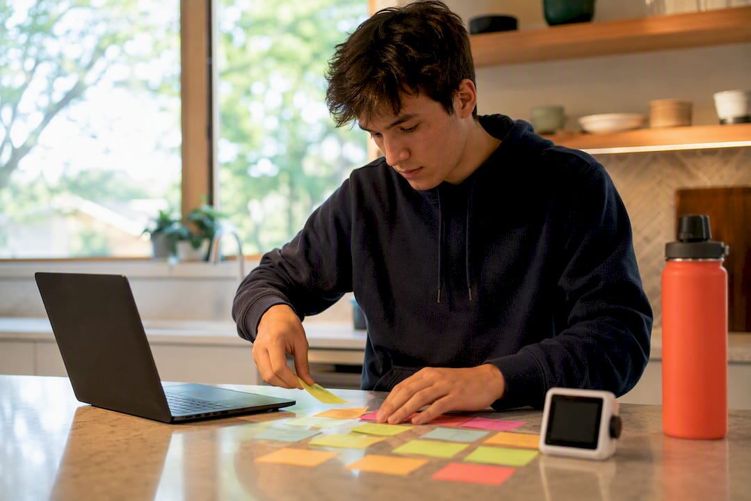 Hands placing study schedule sticky notes