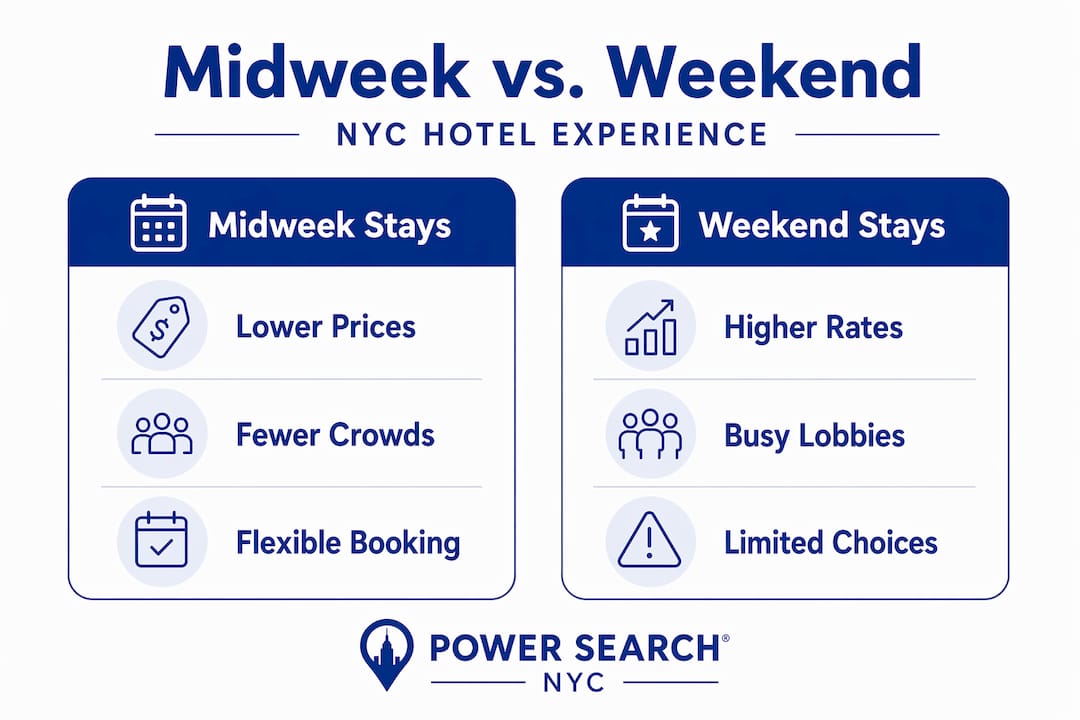 Infographic comparing NYC midweek and weekend hotel stays