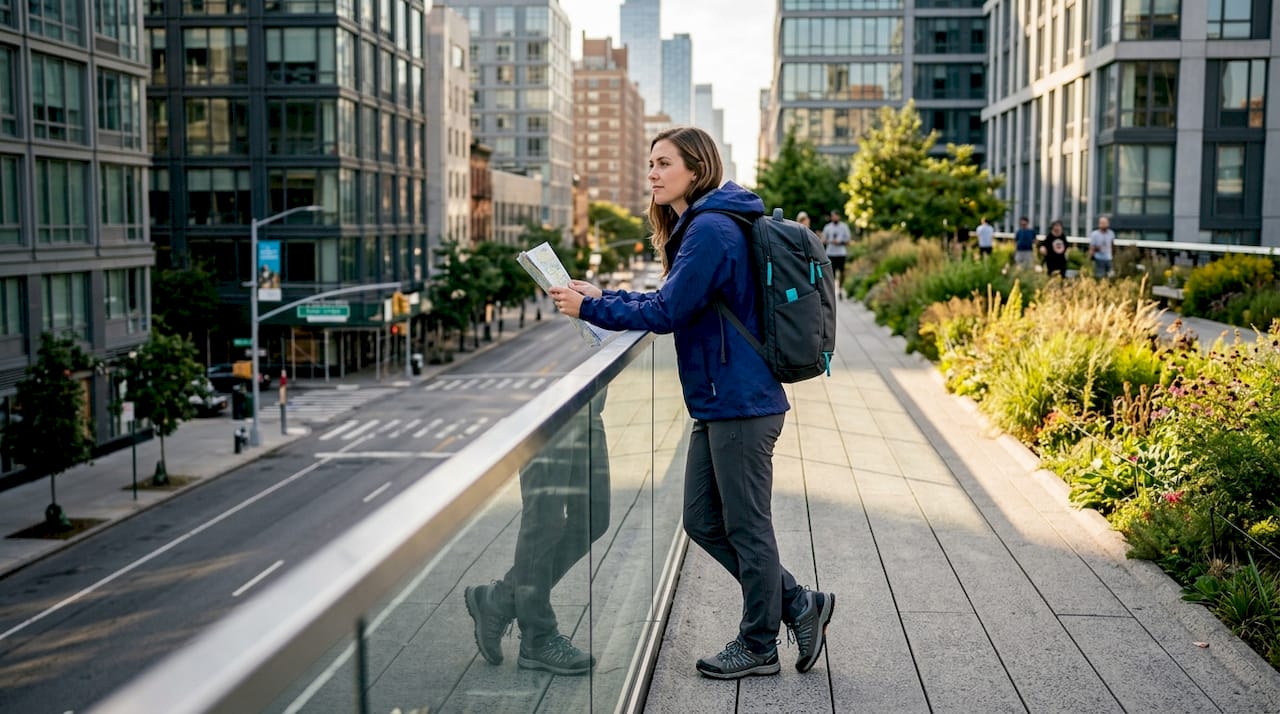 Sightseer enjoying quiet NYC High Line midweek