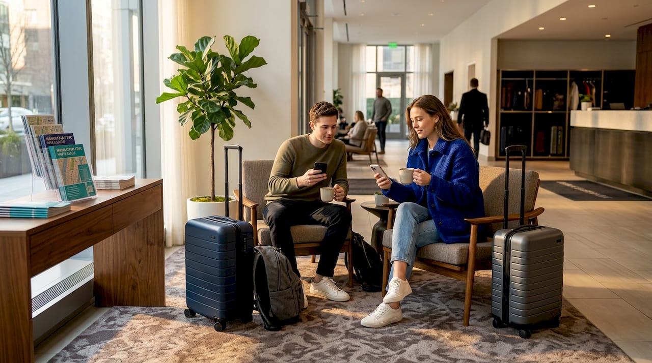 Travelers waiting with luggage in NYC hotel