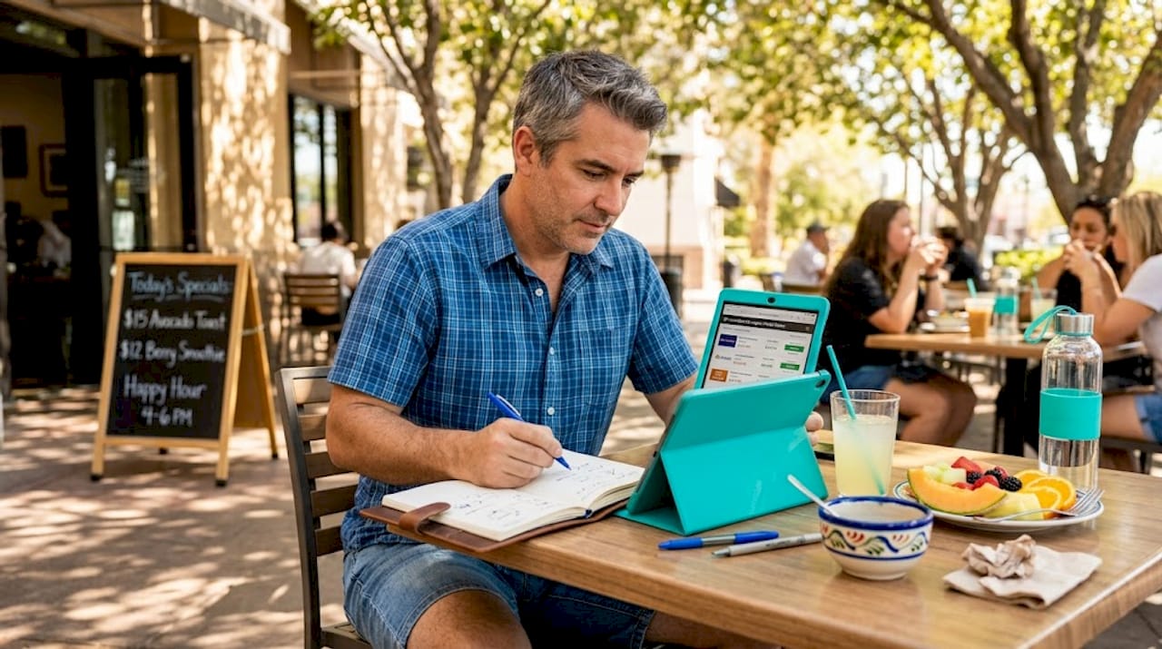 Man comparing Las Vegas hotel prices in caf&eacute;