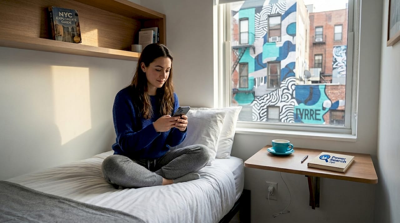 Guest relaxing in compact NYC micro-hotel room