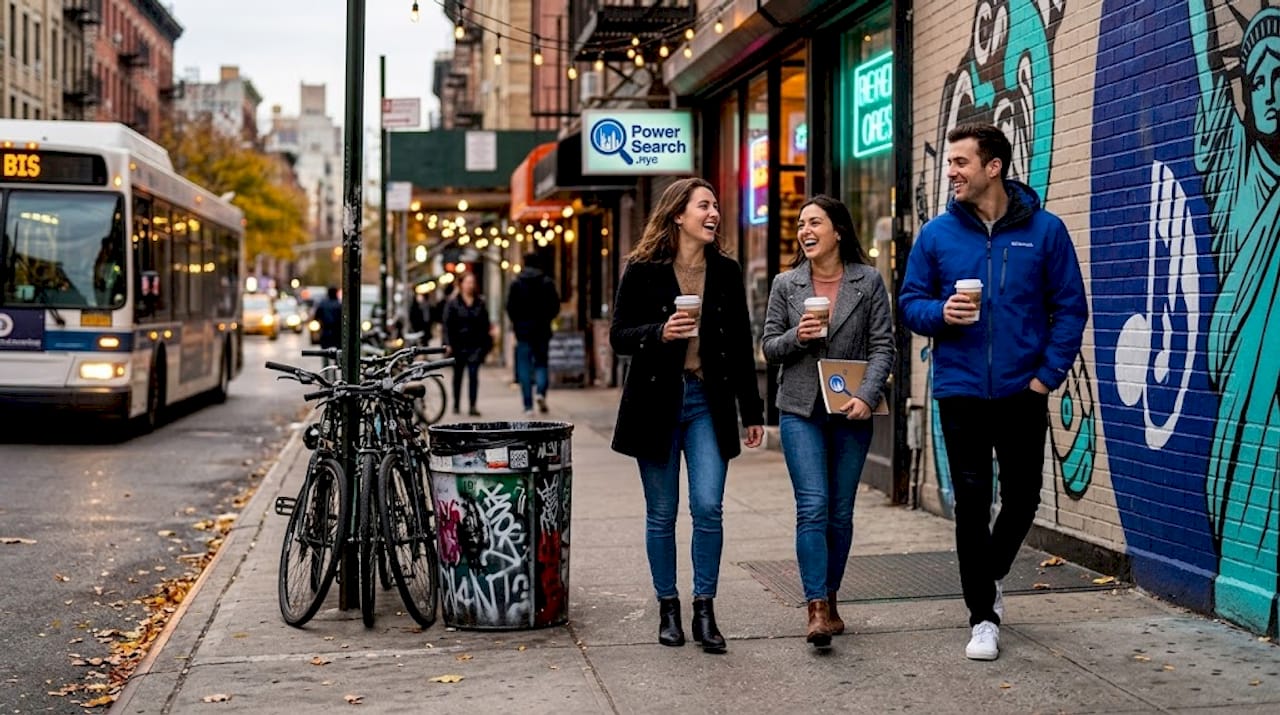 Friends walking out of Lower East Side bar at night