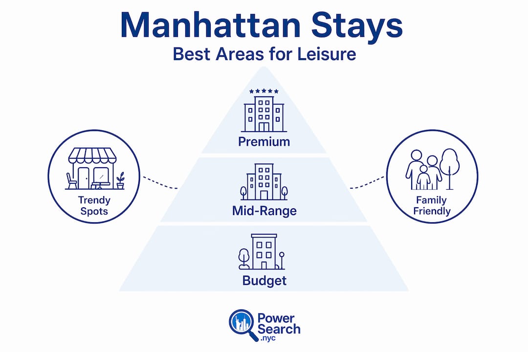 Hierarchy infographic showing premium, mid-range, and budget Manhattan areas