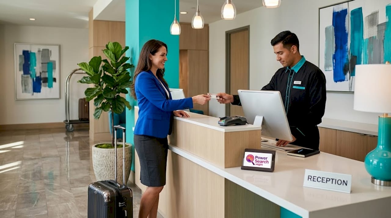 Business traveler checking in at airport hotel lobby