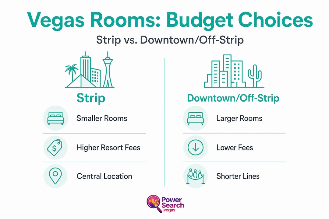 Infographic comparing Strip and Downtown Las Vegas budget hotels