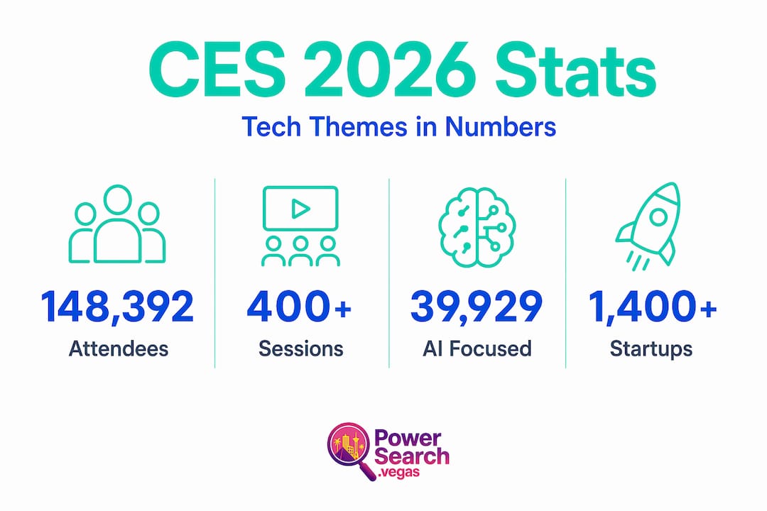 Infographic showing CES 2026 attendance and innovation themes stats