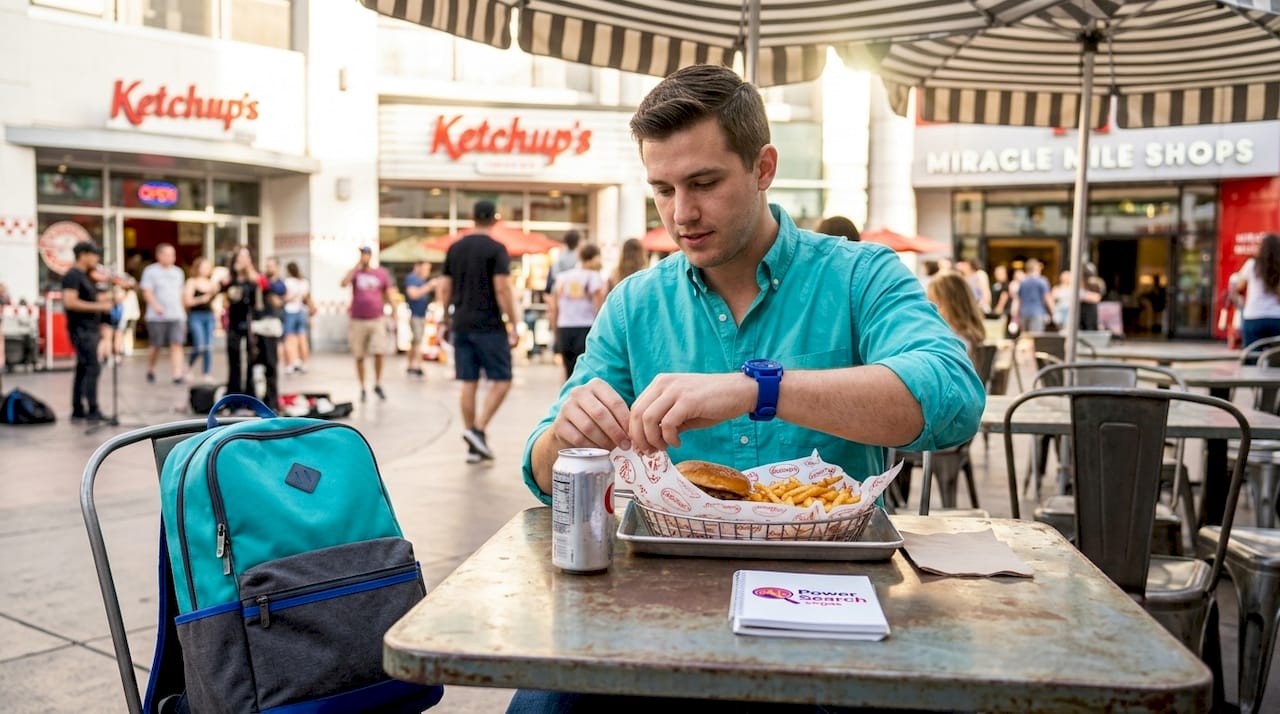 Man enjoying burger basket at Miracle Mile Shops
