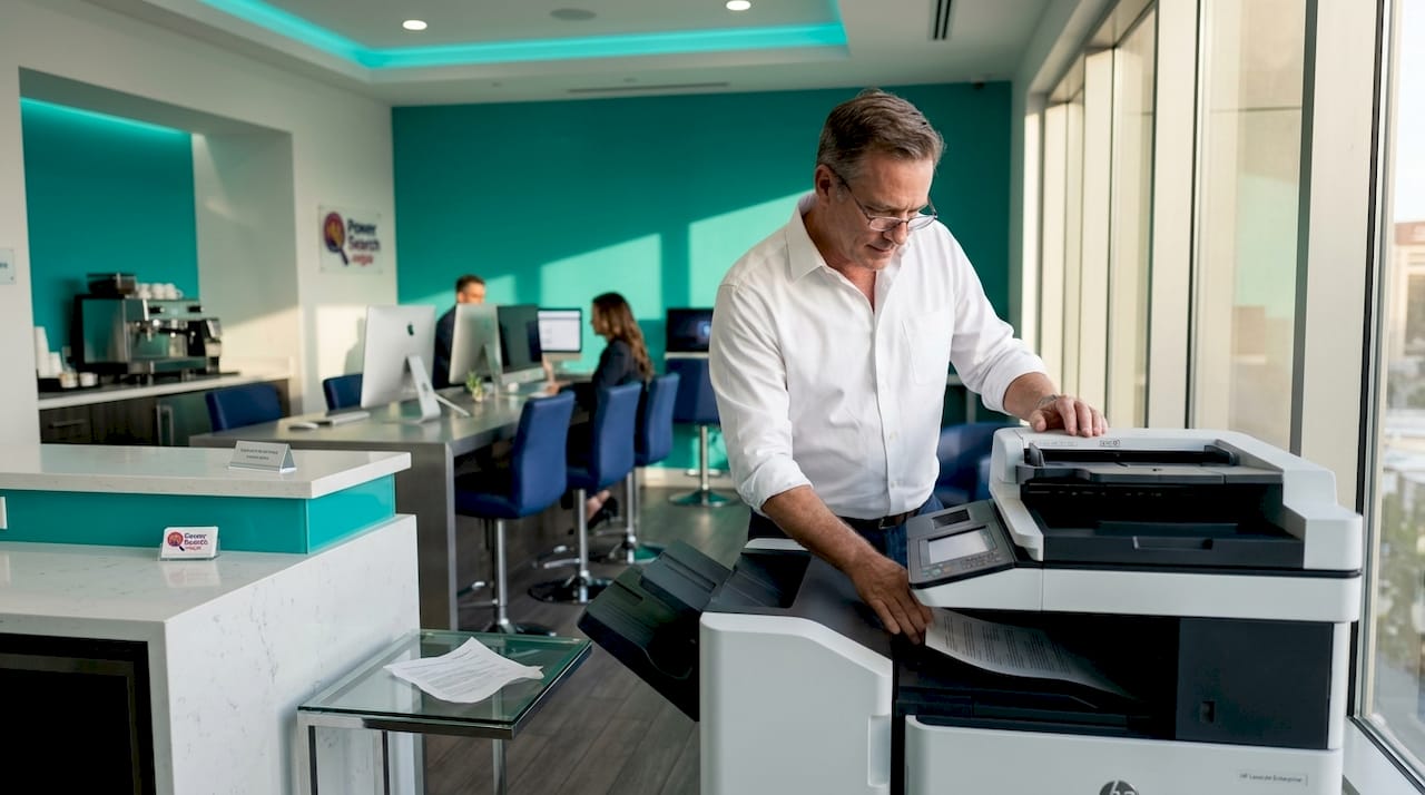Business traveler using Strip hotel business center