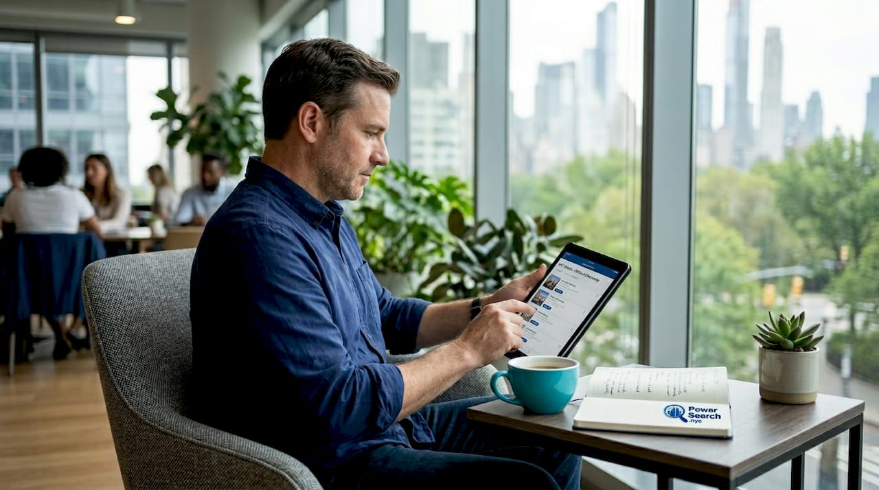 Man searching NYC hotel rooms on tablet