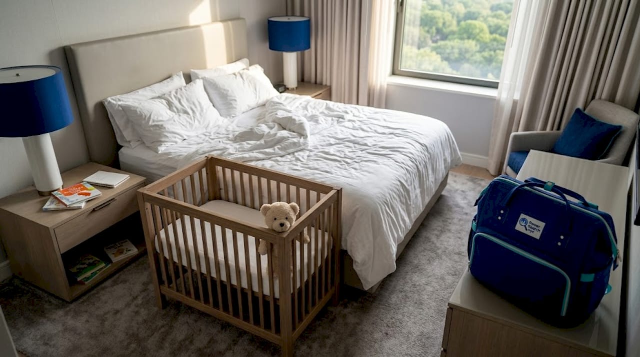 Family-friendly hotel room with crib and bed