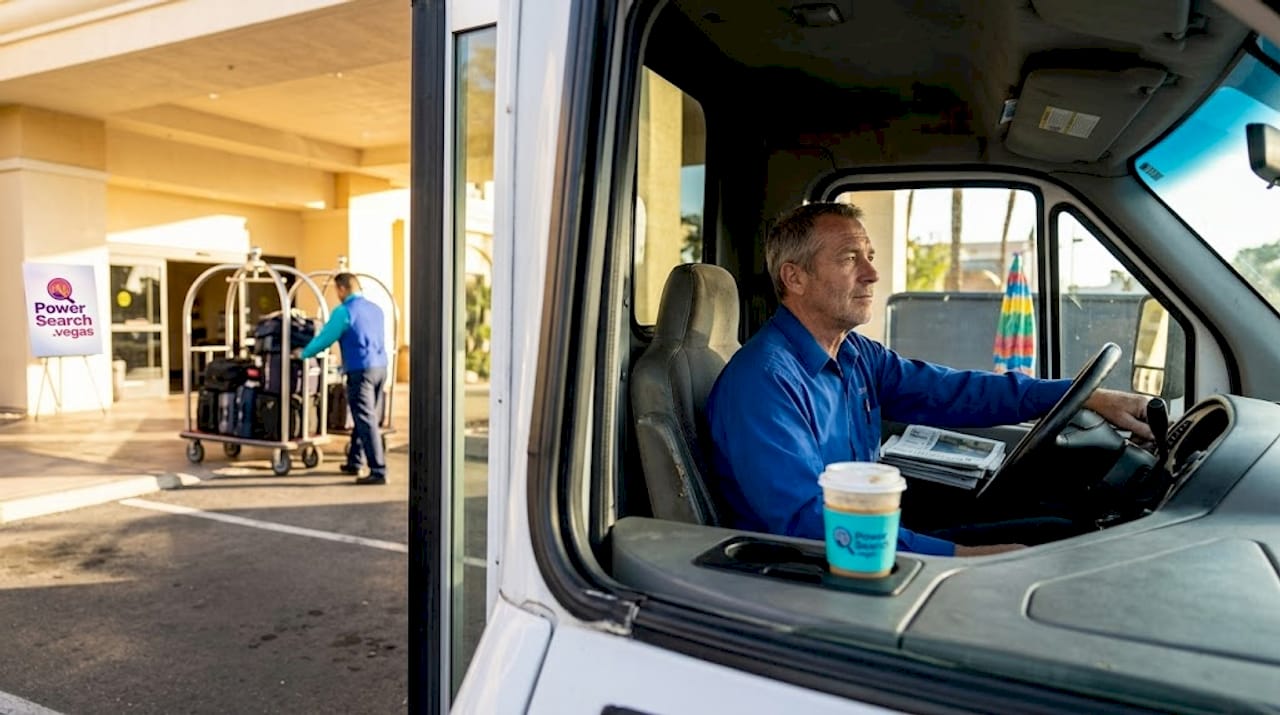 Shuttle driver waiting by hotel with empty bus
