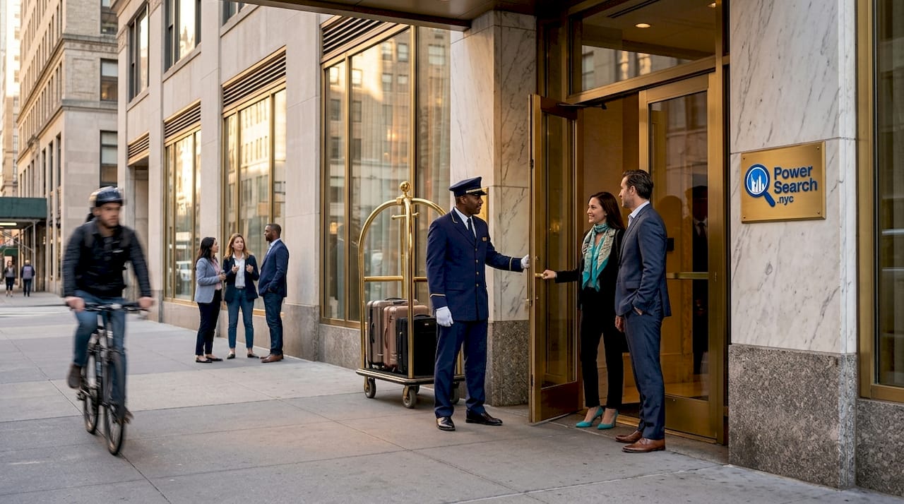 Hotel doorman and Manhattan street scene