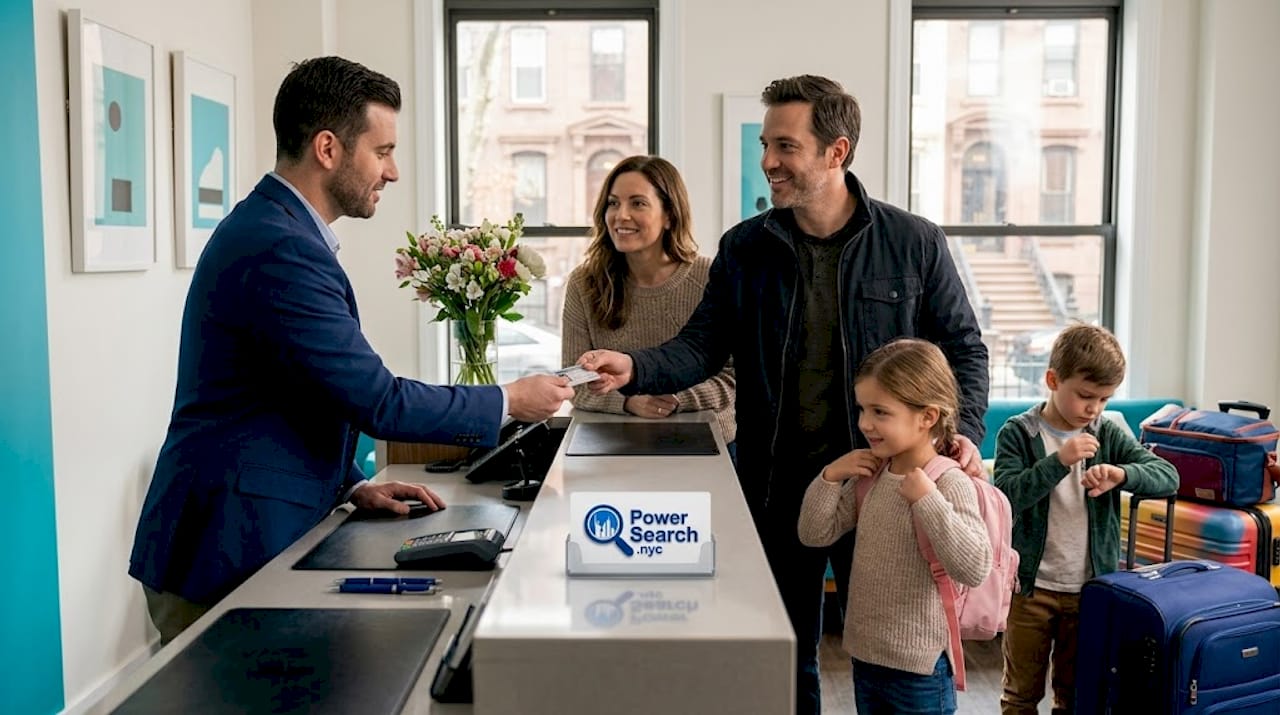 Family checking in at NYC hotel front desk