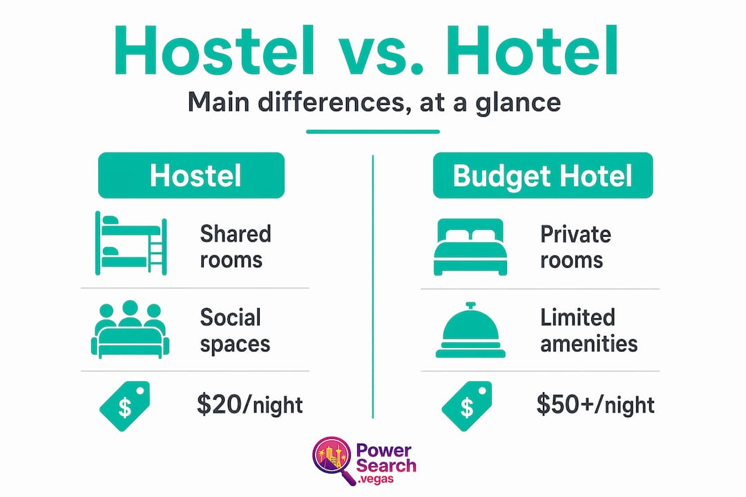 Infographic comparing hostel and budget hotel features