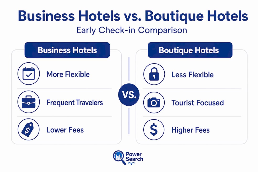 Infographic comparing NYC business and boutique hotel early check-in
