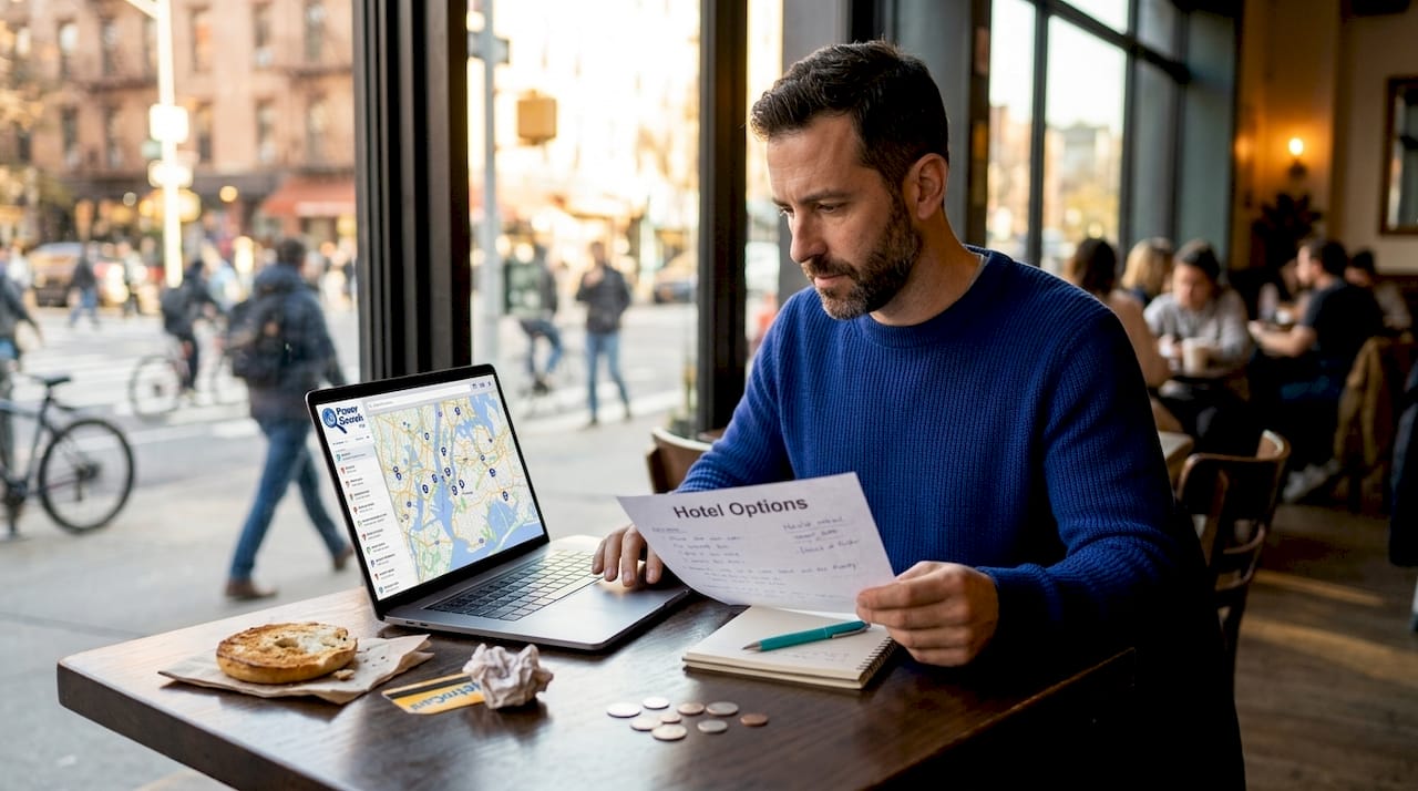 Man researching NYC borough hotel prices in caf&eacute;
