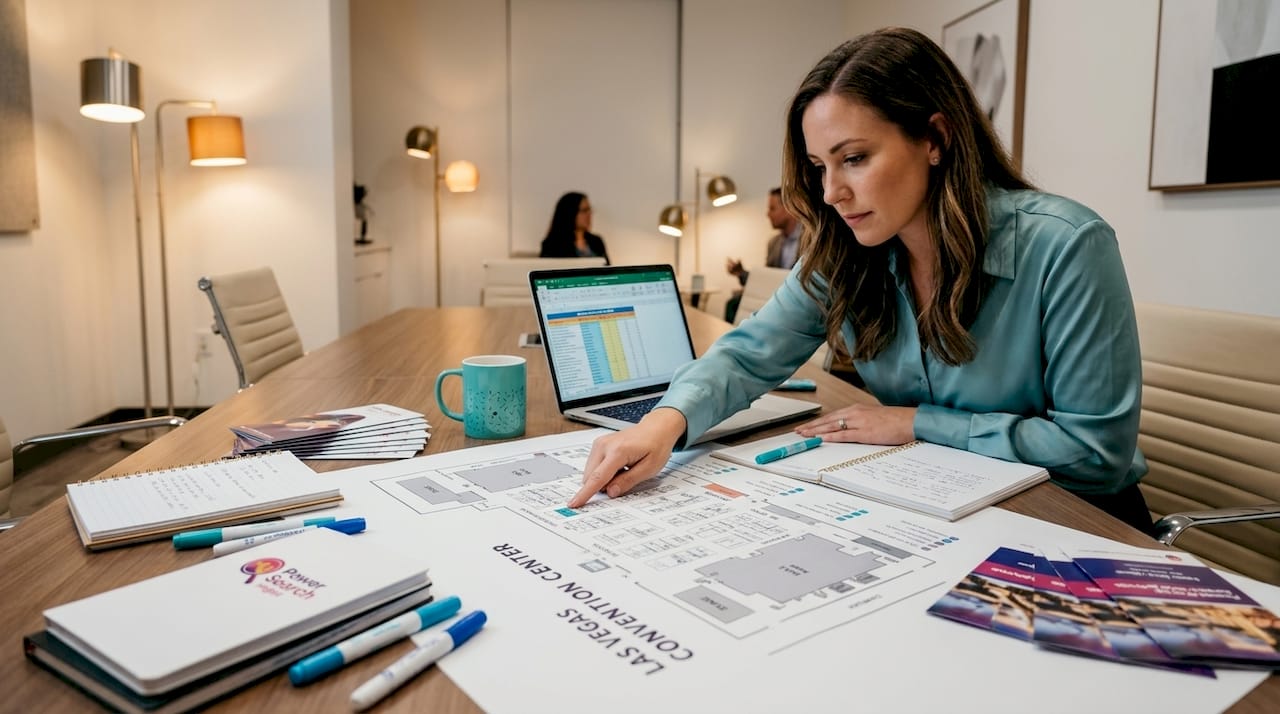 Event planner reviewing LVCC floor plan in conference room