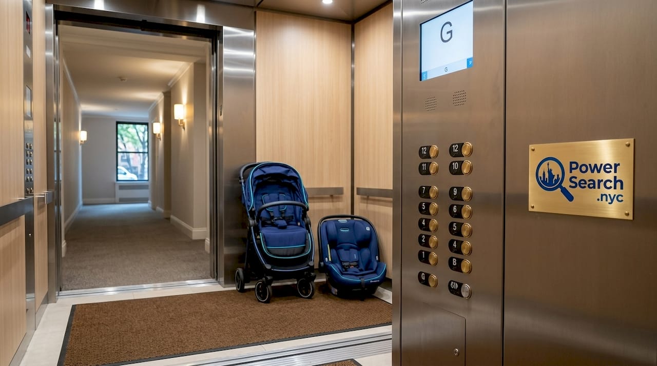 Stroller parked inside wide NYC hotel elevator