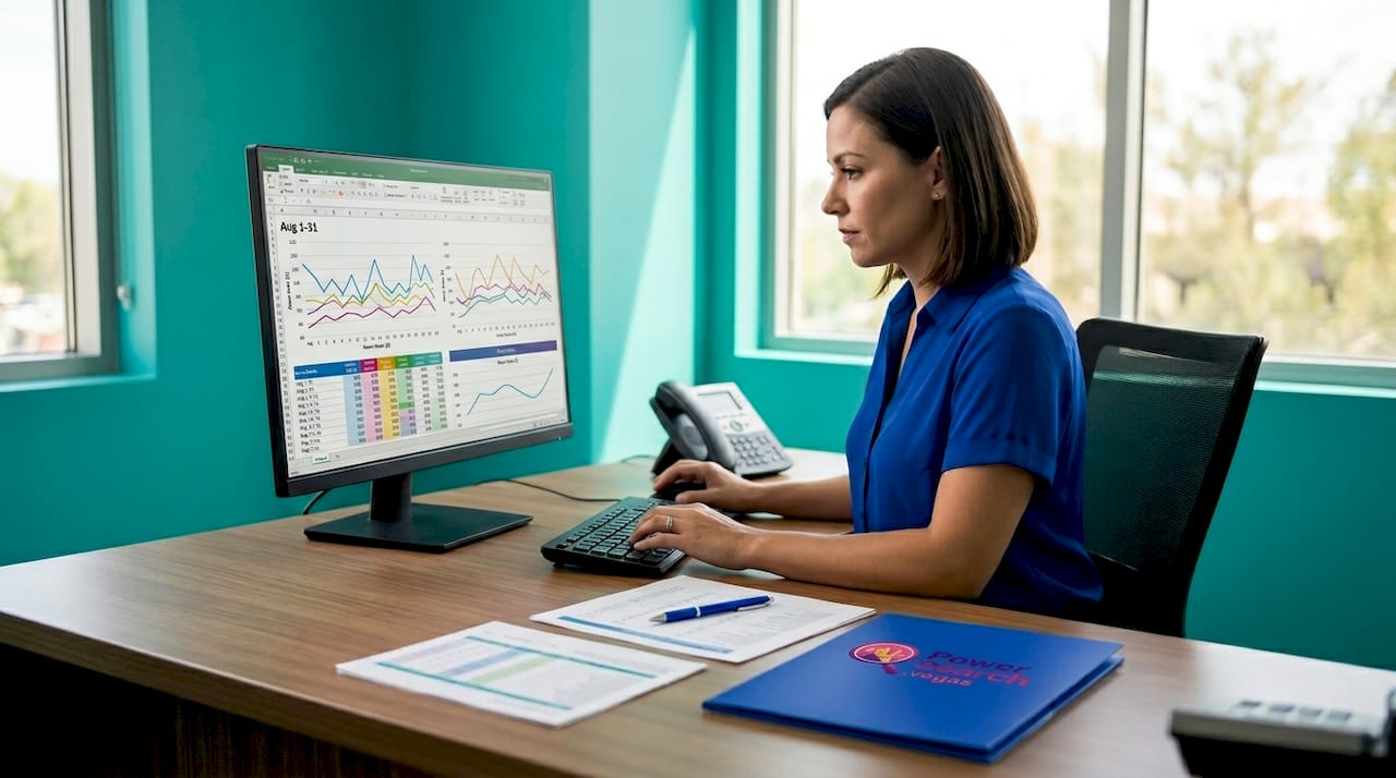 Hotel staff reviewing room rate spreadsheet in office