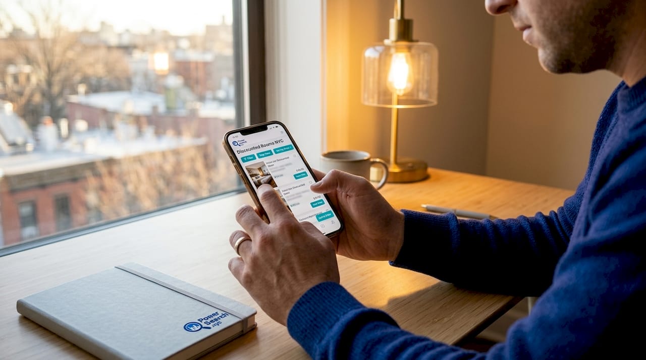 Hands using smartphone hotel booking app