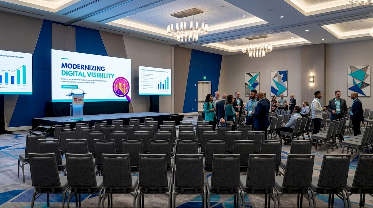 Interior of convention hotel ballroom set for event