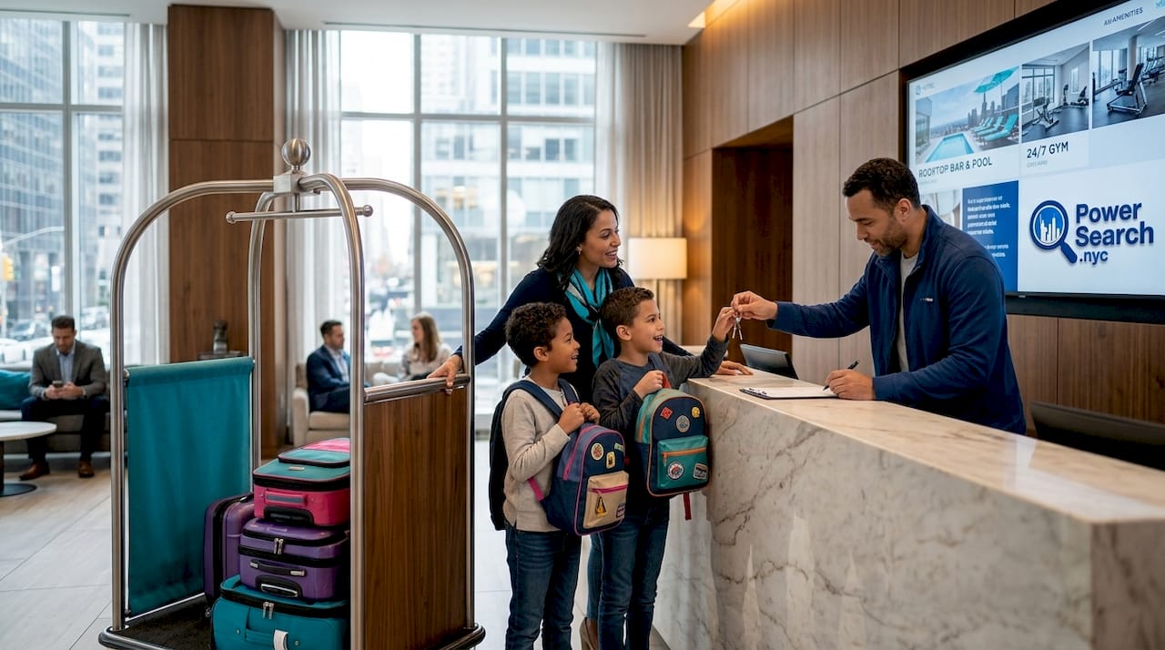 Family checking into NYC hotel lobby