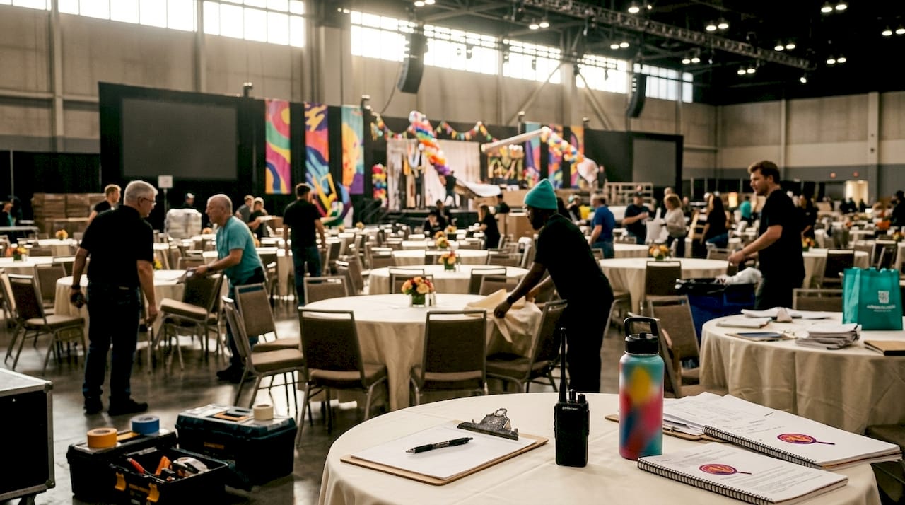 Convention hall setup with event crew at work