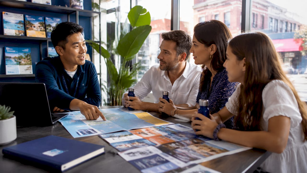 Travel agent explains NYC itinerary to young family