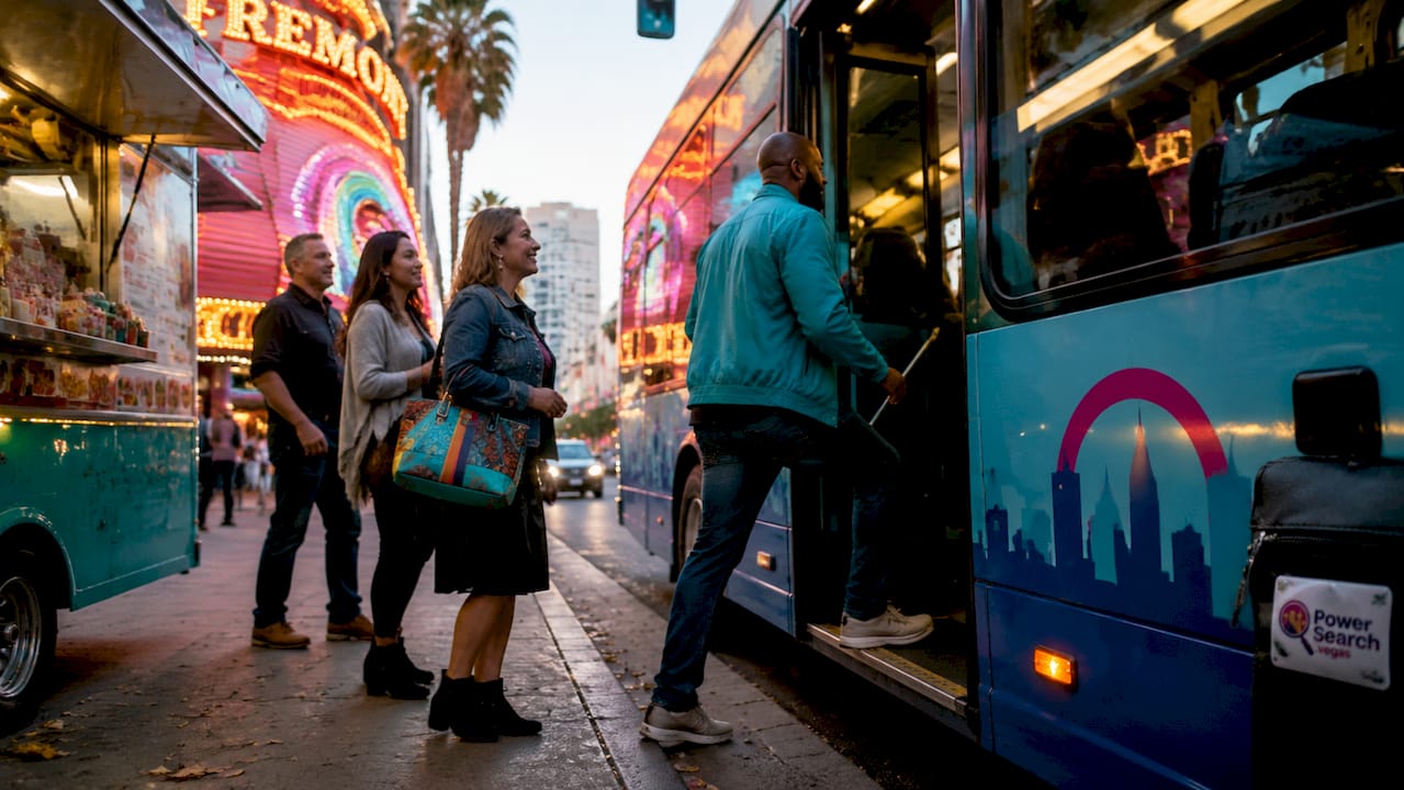 Passengers boarding Downtown Loop shuttle on Fremont Street