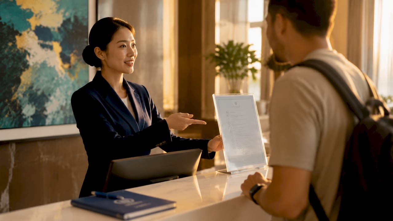 Hotel clerk explaining resort fee details