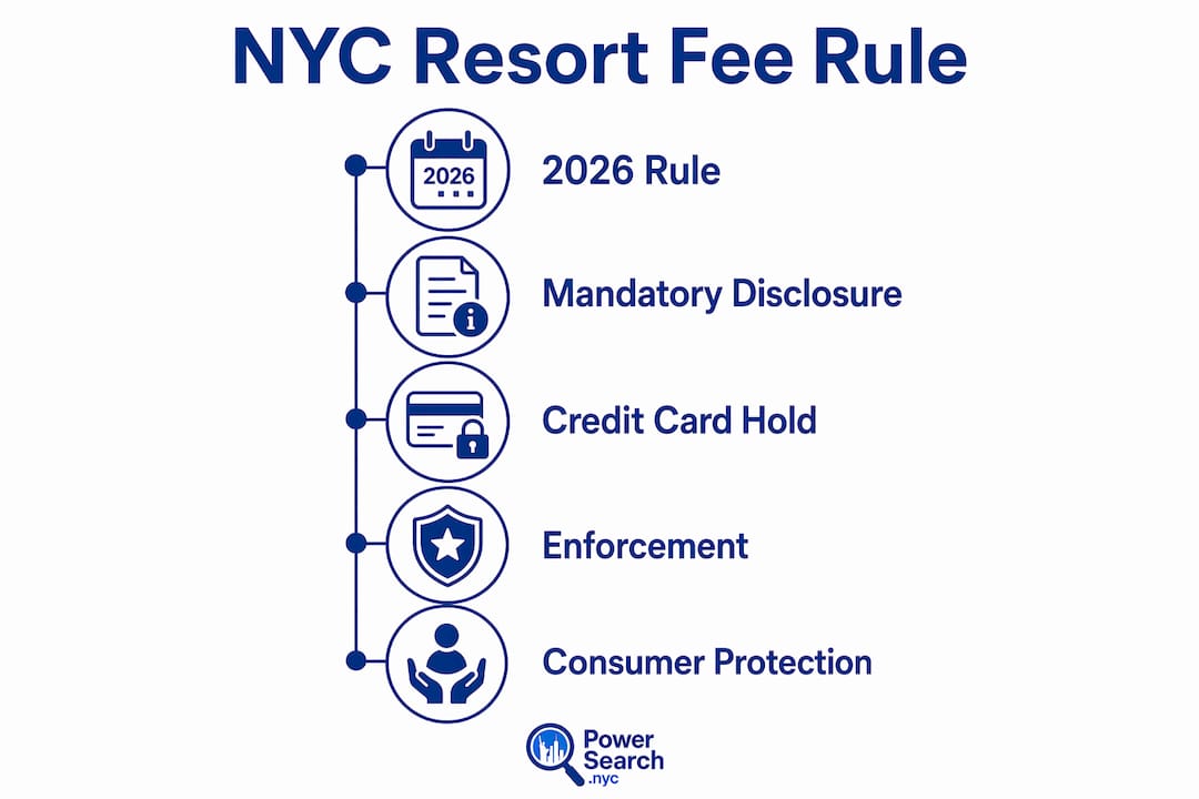 Infographic illustrating 2026 NYC hotel fee rules