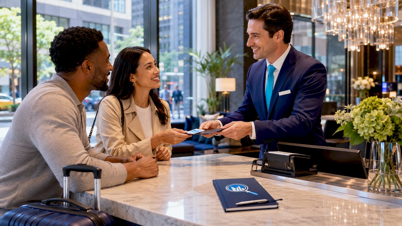 Group discussing private hotel floor buyout at check-in