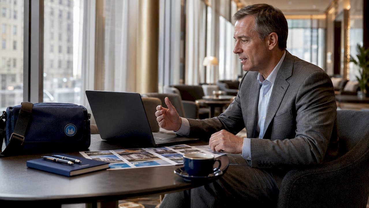Businessman reviewing hotel rates in office
